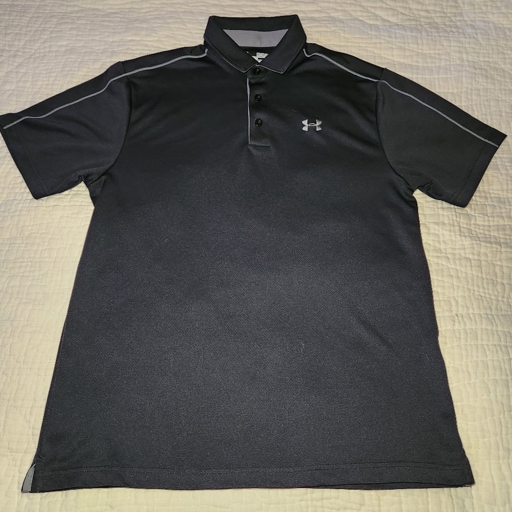 Under Armour Performance Polo Shirt Mens Sz M  Black Heatgear Loose Golf Active